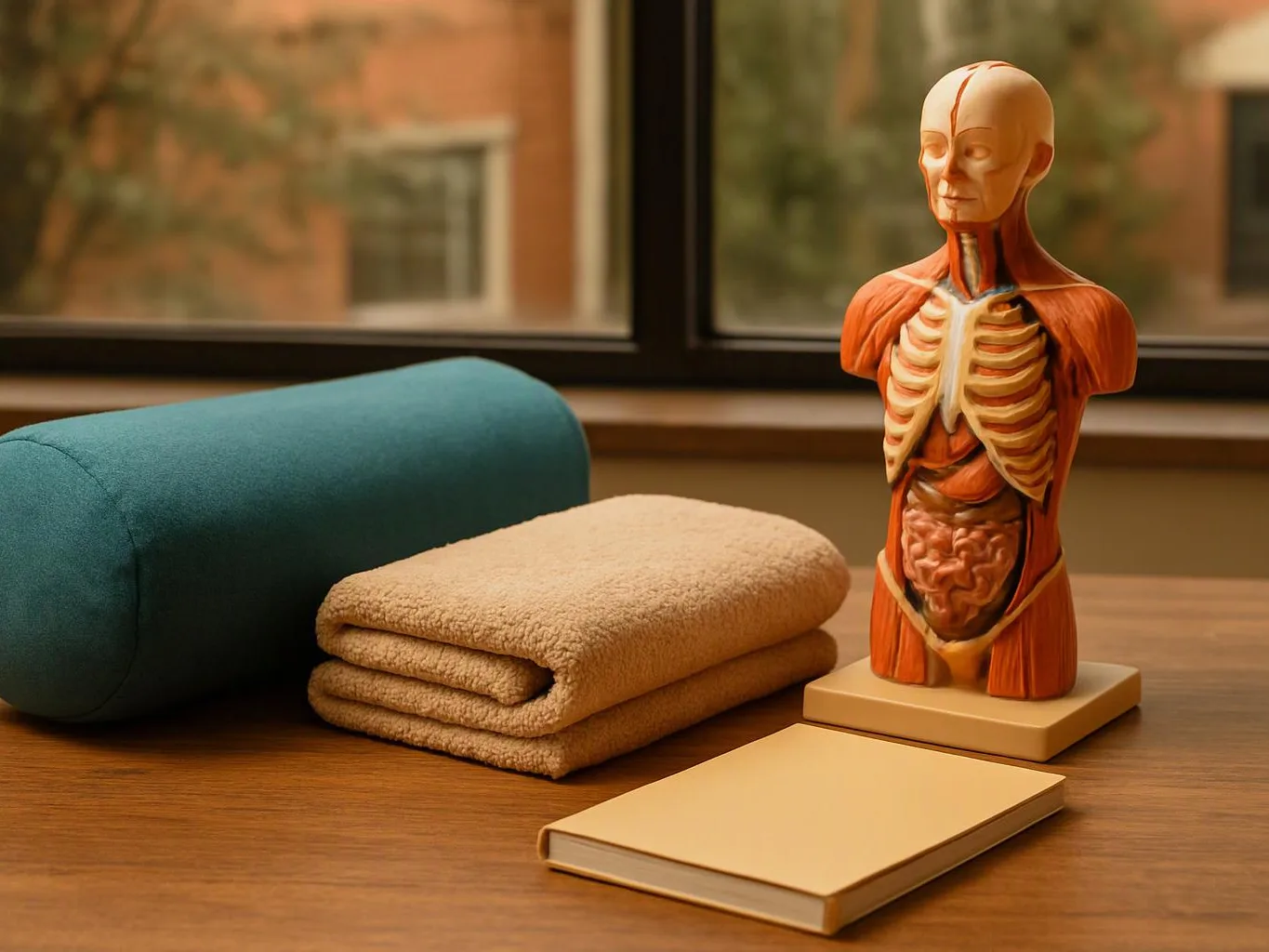 An anatomy torso model stands beside folded towels, a cushion, and a closed notebook on a wooden table by a window
