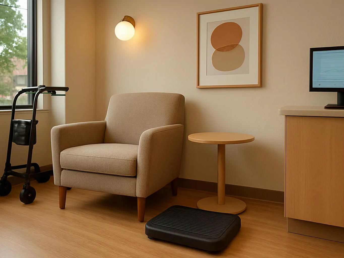 A beige armchair sits in a quiet room beside a small table, wall art, a monitor, and a walker