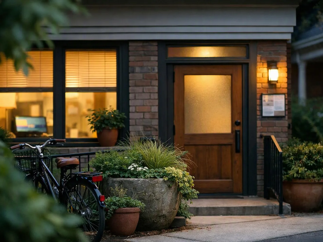 A bicycle rests beside a brick house entrance with lit windows and potted plants at dusk