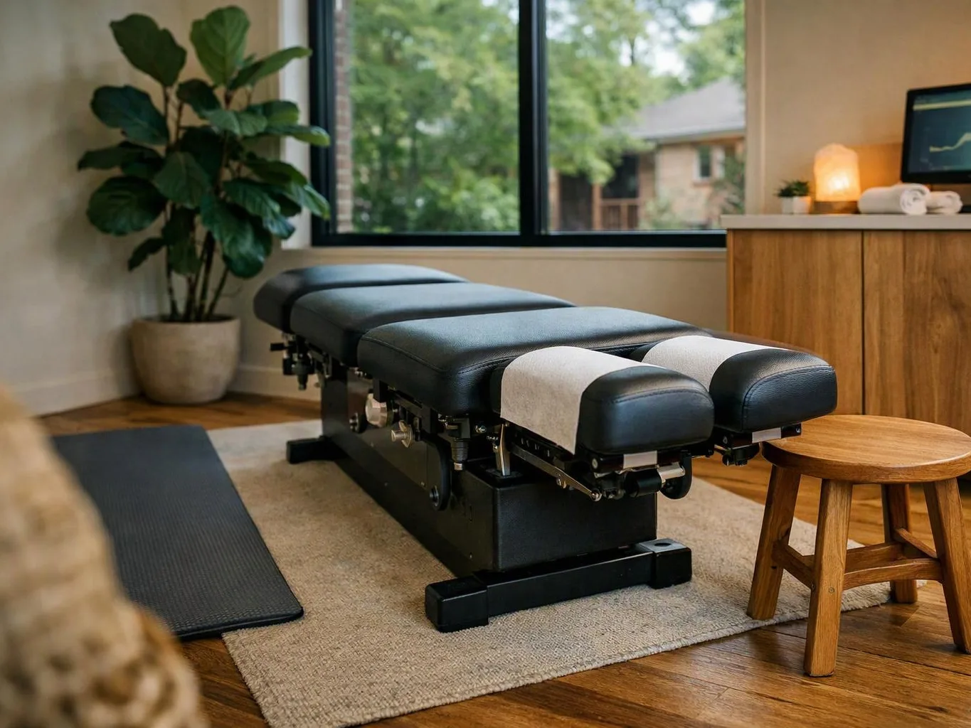 A black treatment table sits in a calm room beside a yoga mat, plant, stool, and window