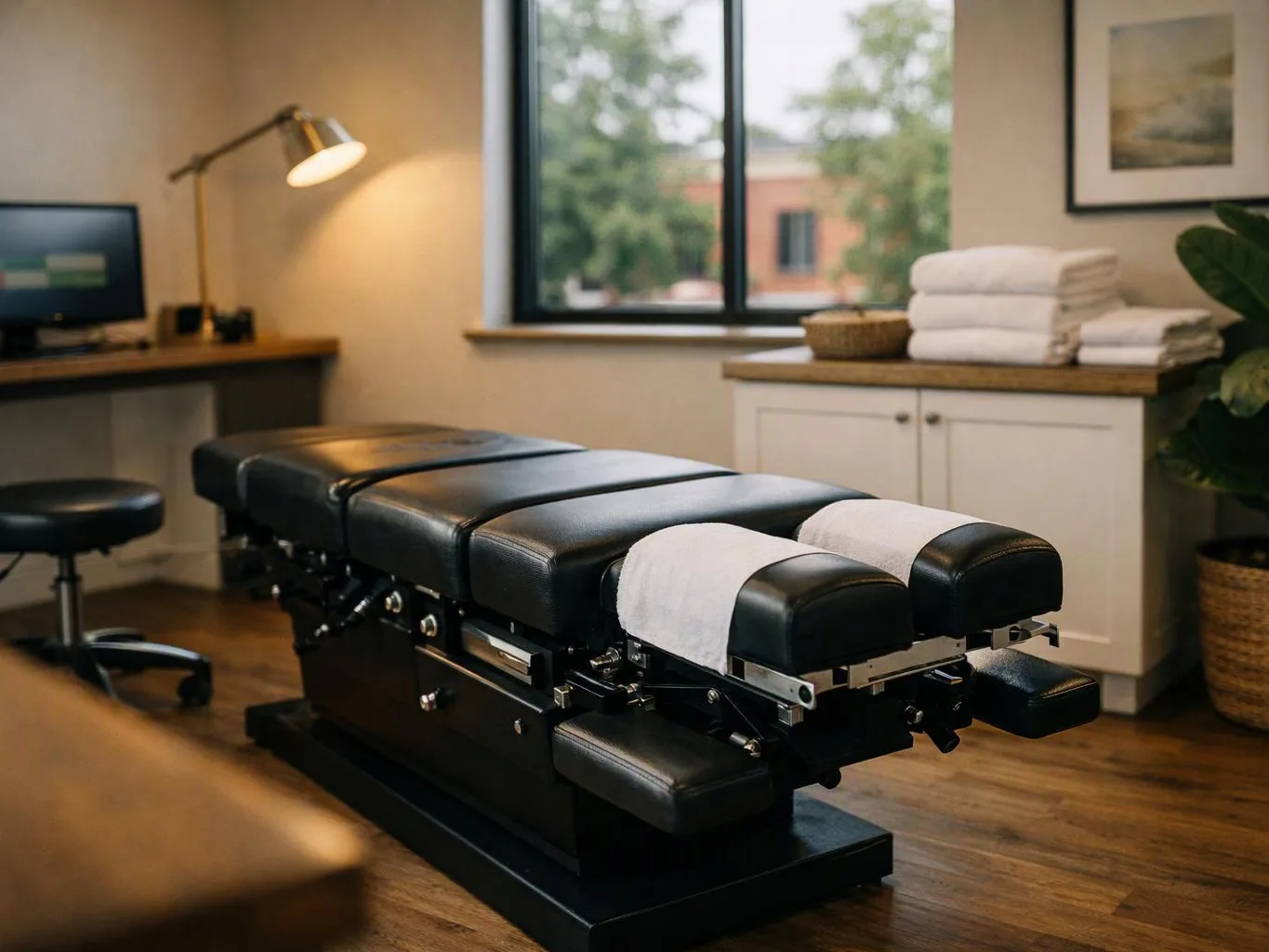 A black treatment table with white towels sits in a tidy spa room by a window