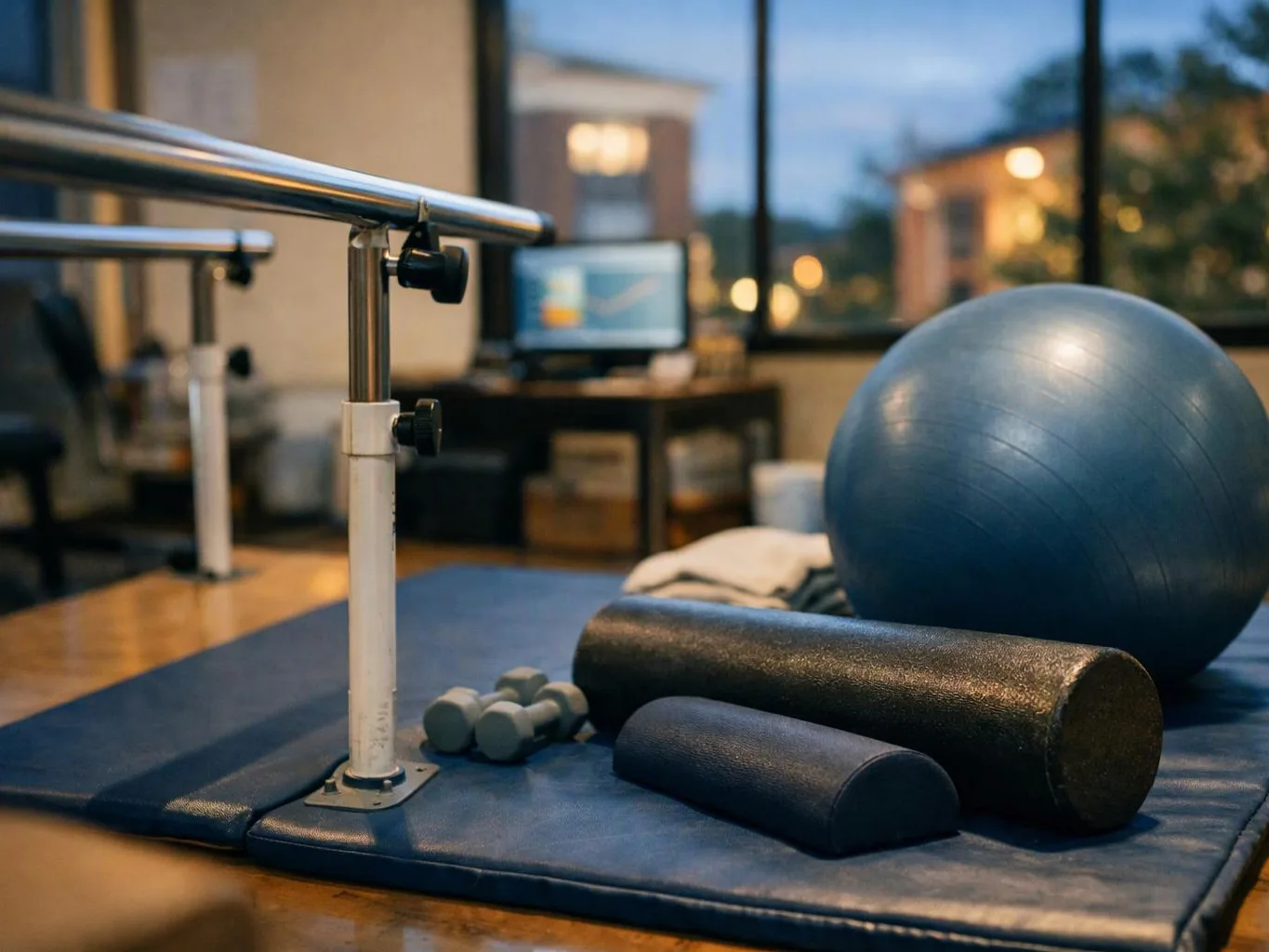A blue exercise ball, foam rollers, dumbbells, and a ballet barre sit on a mat in a gym room