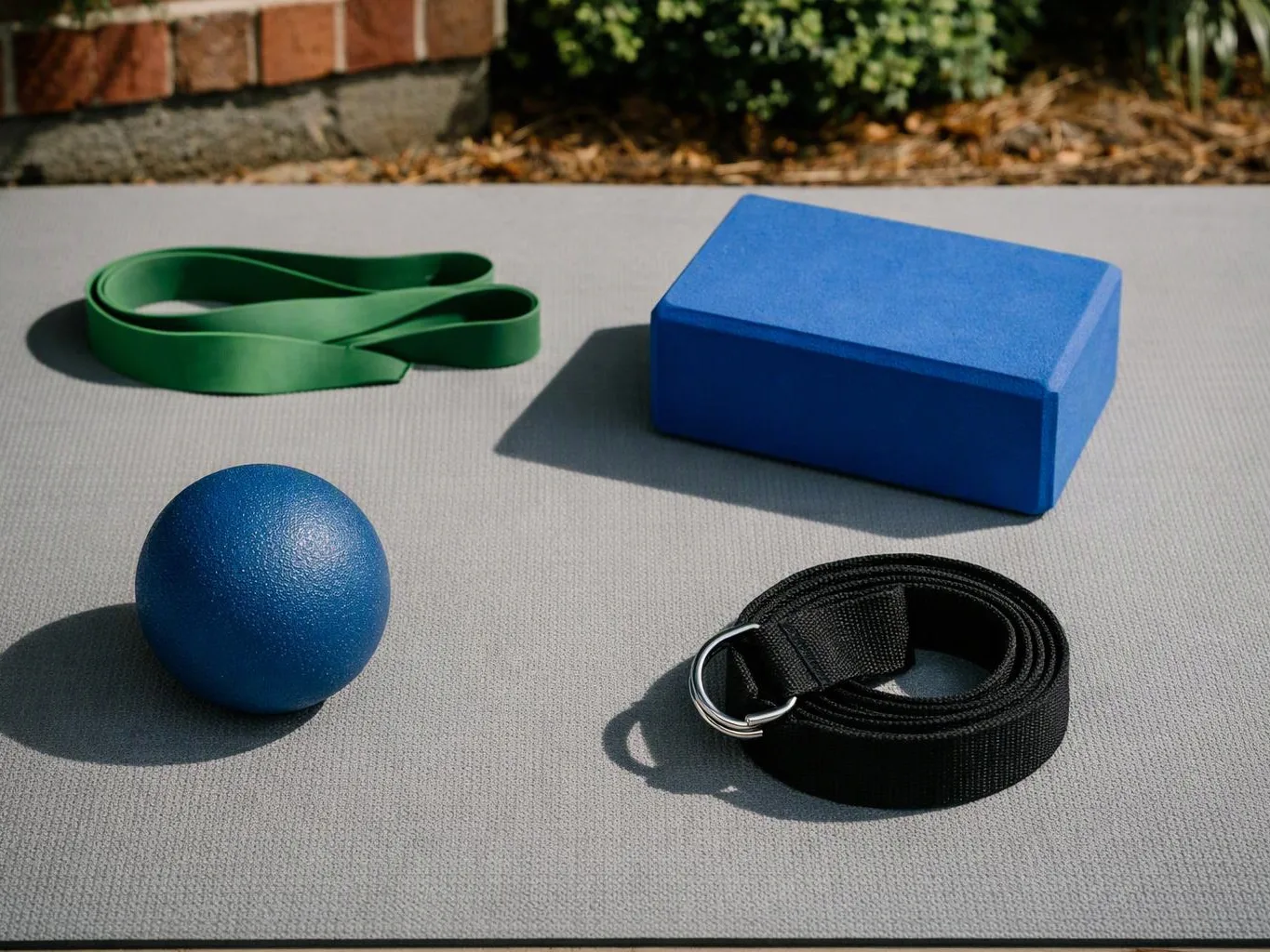 Blue exercise block, ball, green strap, and black belt lie on a gray mat outdoors