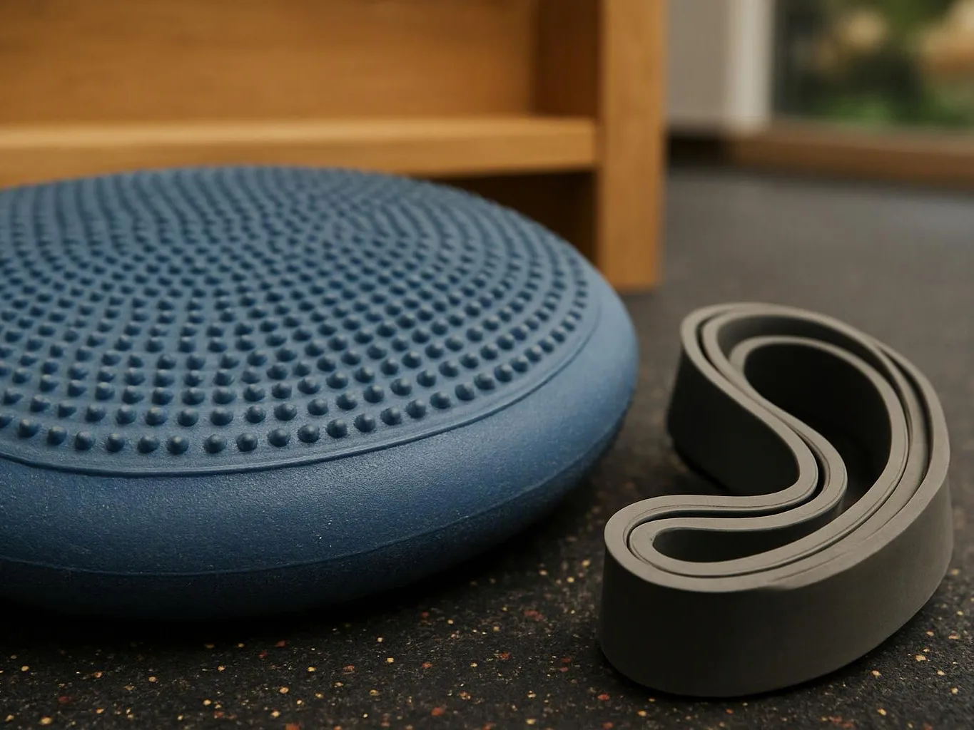 A blue textured balance disc sits beside a rolled black exercise band on a speckled gym floor