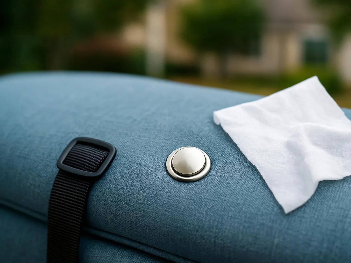 A blue upholstered cushion holds a black strap, a round metal button, and a folded white tissue outdoors