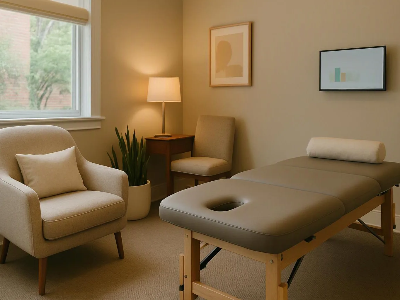A calm treatment room shows a massage table, armchair, lamp, chair, plant, and framed art near a window