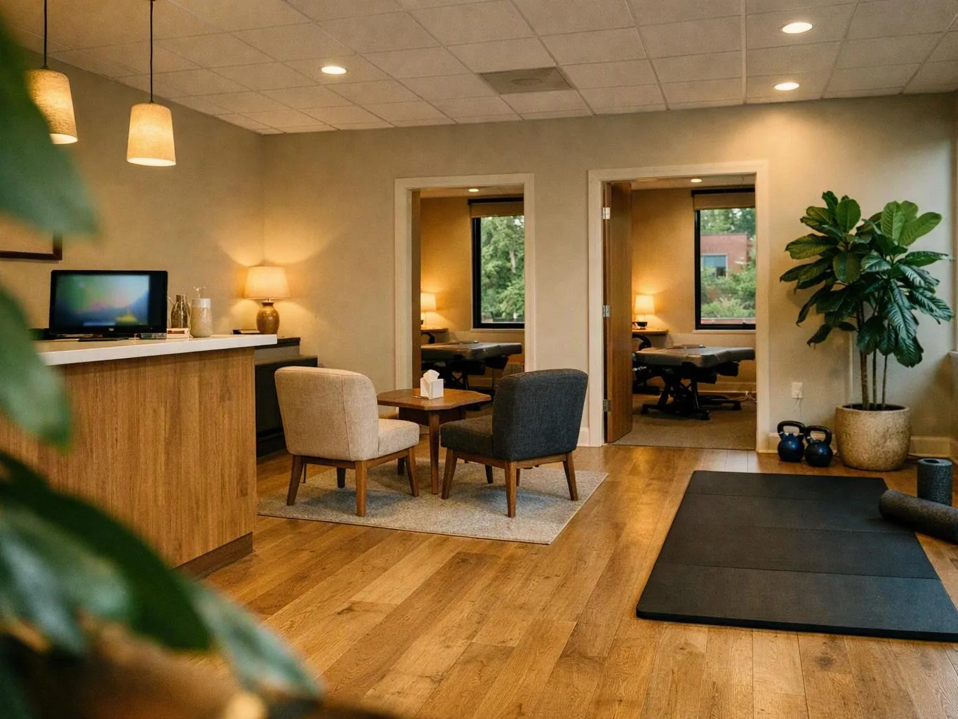A calm wellness room has chairs, treatment tables, a yoga mat, a plant, and warm lamps