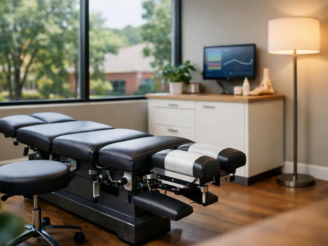 A chiropractic treatment table sits in a bright room beside a stool, cabinet, lamp, and window