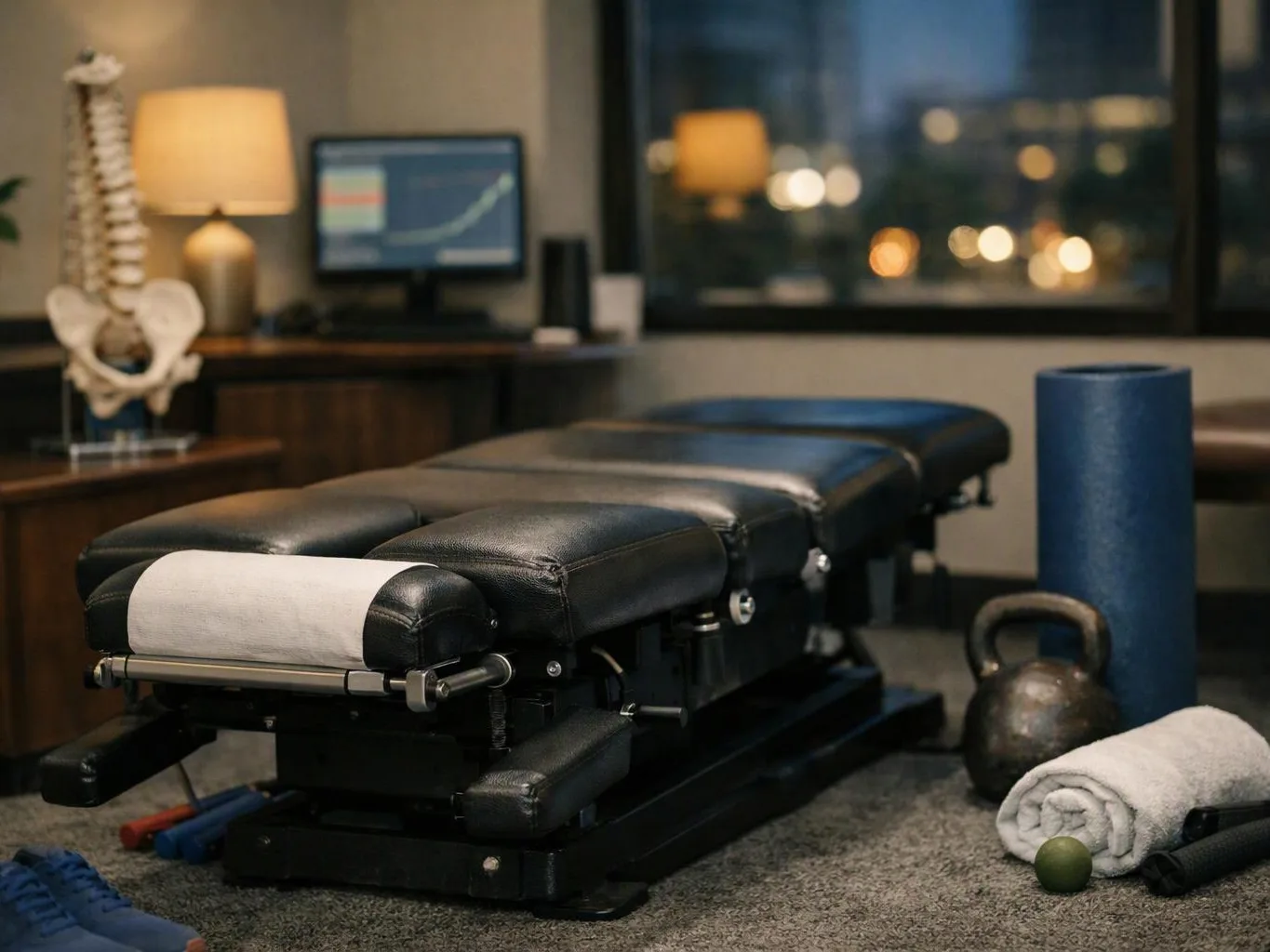 A chiropractic treatment table sits in a dim office, with exercise equipment, a computer monitor, and a window behind it