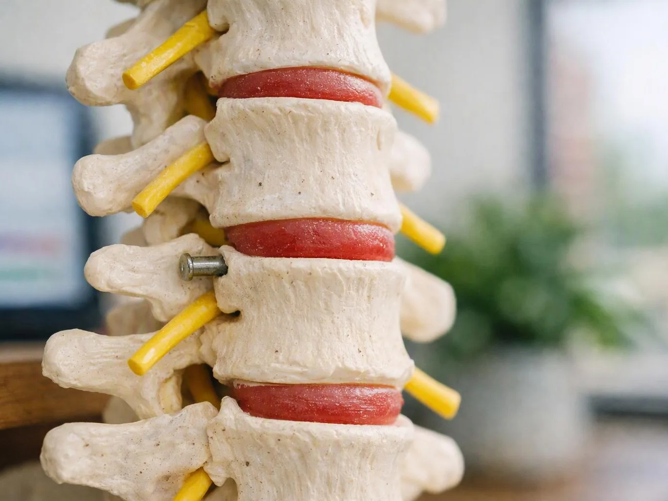Close-up of a spine model with white vertebrae, red discs, and yellow nerves against a blurred background