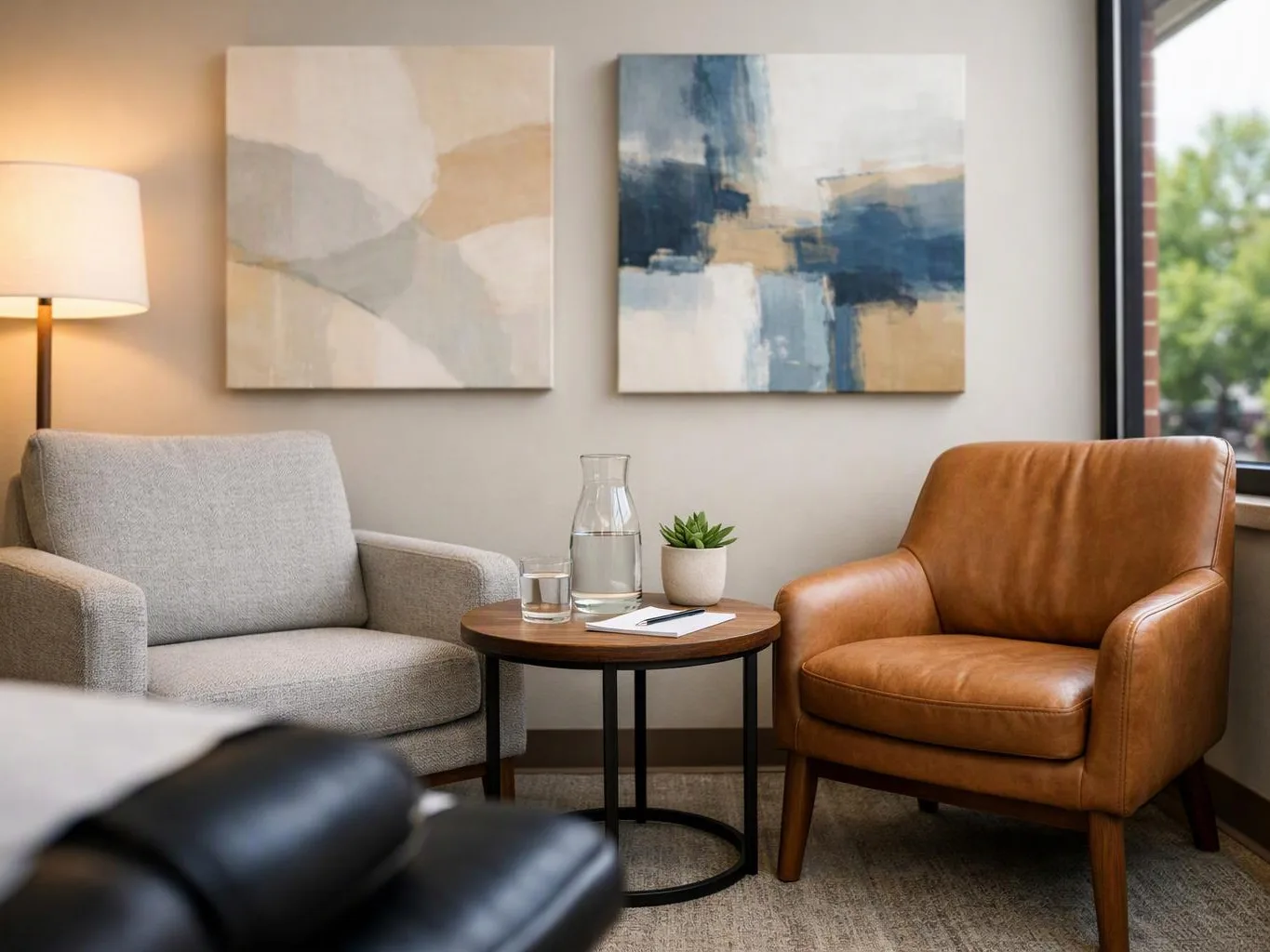 A cozy lounge shows two chairs, a round table, a lamp, and abstract wall art by a bright window