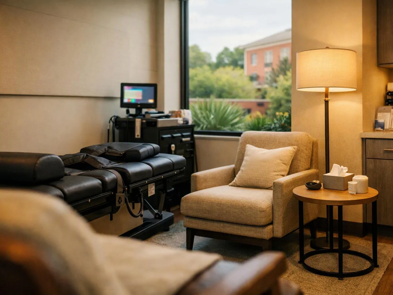 A cozy treatment room shows a massage table, armchair, lamp, side table, and a window view outside