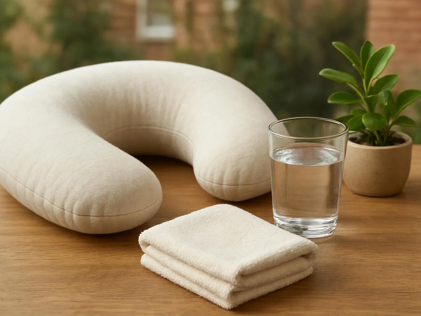 A cream U-shaped pillow sits on a wooden table beside a glass of water, folded towels, and a small potted plant