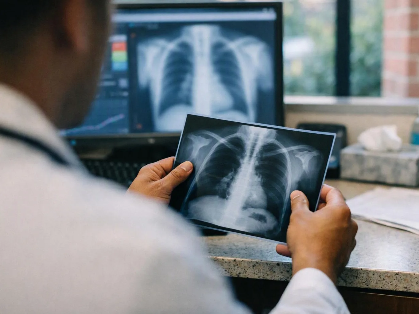 A doctor holds a chest X-ray in front of a computer monitor showing another lung scan