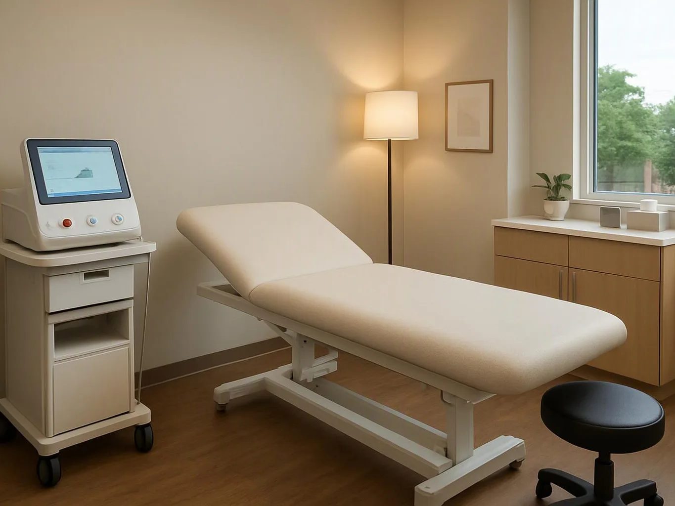 An empty treatment room holds an exam bed, medical device, lamp, cabinet, and a window with a plant