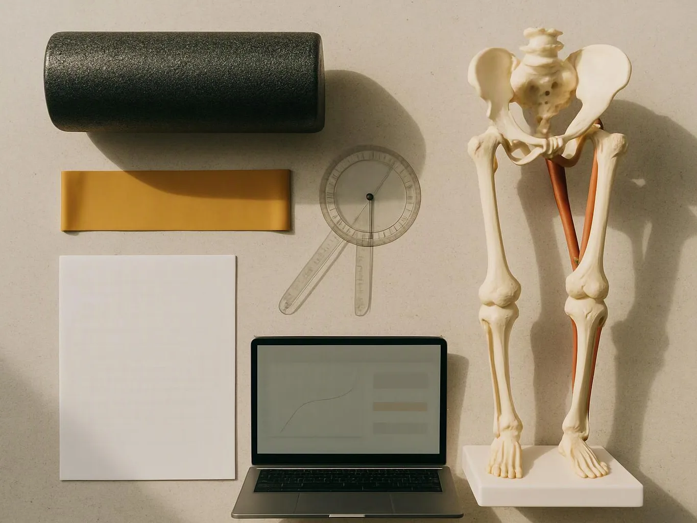 A flat lay shows a laptop, paper sheets, rulers, a foam roller, and a small skeleton model on a white base