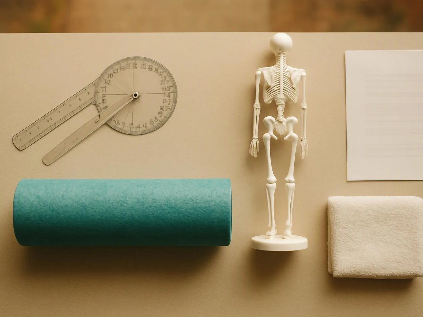 A flat lay shows a ruler protractor, a small skeleton model, a teal foam roll, a towel, and a blank card on beige background