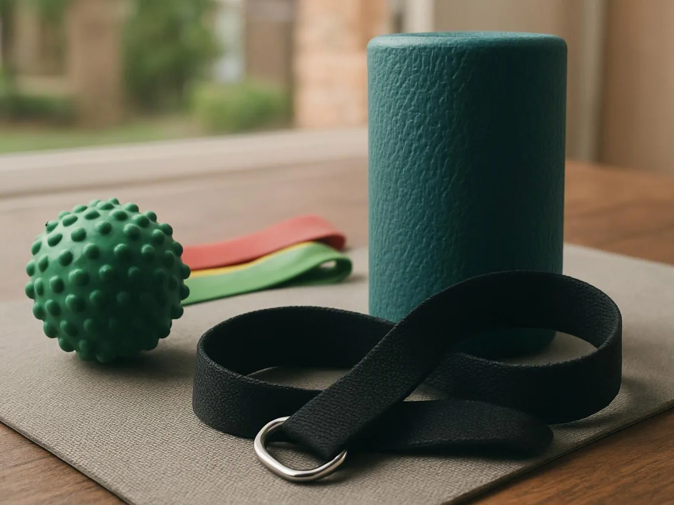 A foam roller, textured massage ball, resistance bands, and a black strap rest on a mat by a window