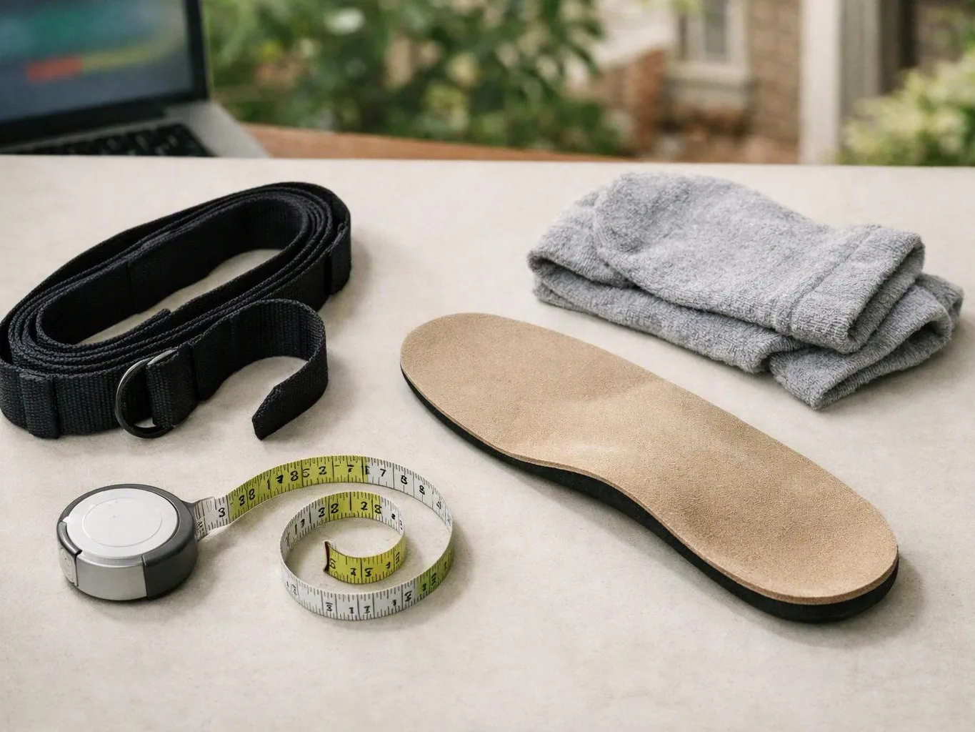 A folded gray towel, a tan shoe insole, a coiled tape measure, and a black strap lie on a white table