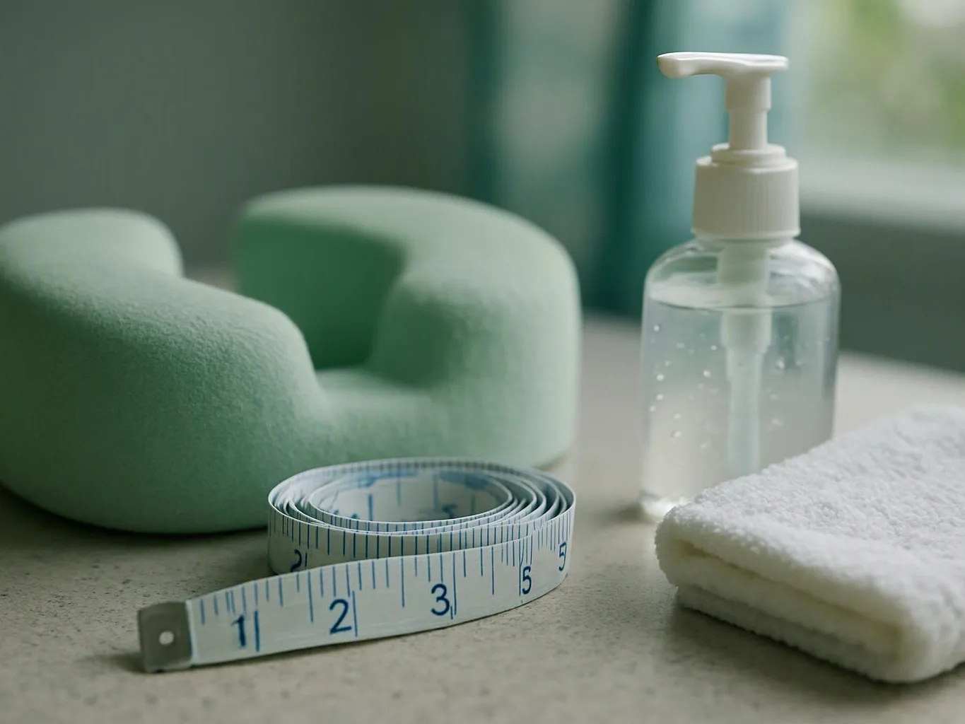 A folded measuring tape, rolled neck pillow, pump bottle, and white towel sit on a countertop