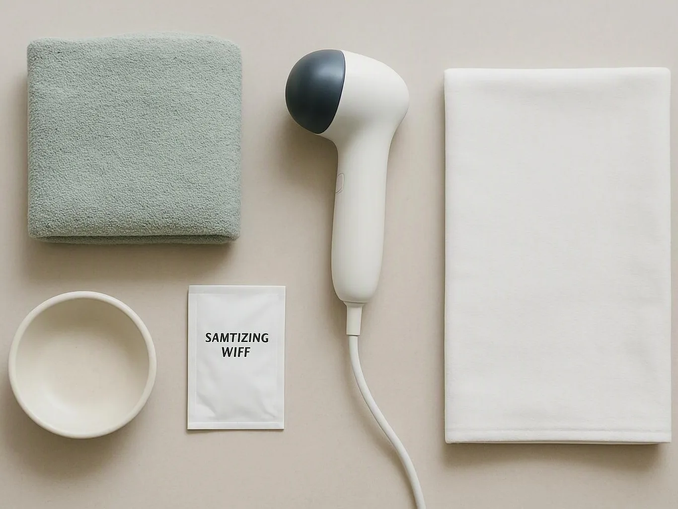 A folded towel, handheld steamer, small bowl, and packet sit neatly arranged on a beige surface