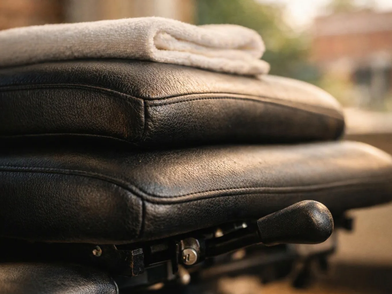 A folded towel rests on a black leather chair cushion with an adjustment lever underneath