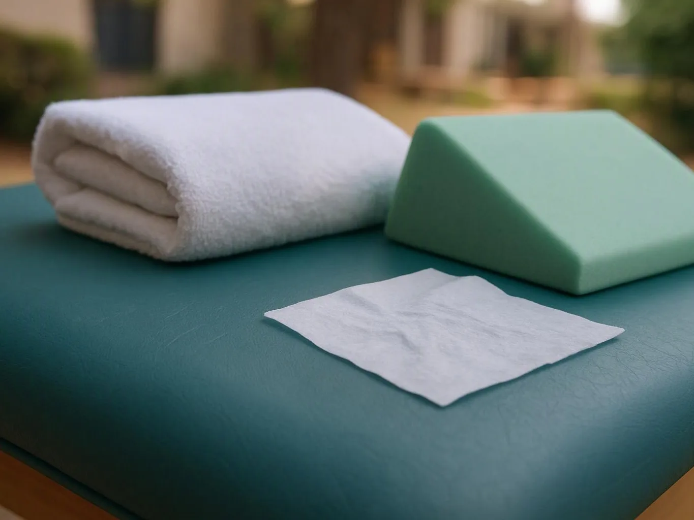 A folded white towel, a mint foam wedge, and a small white cloth sit on a teal padded table outdoors