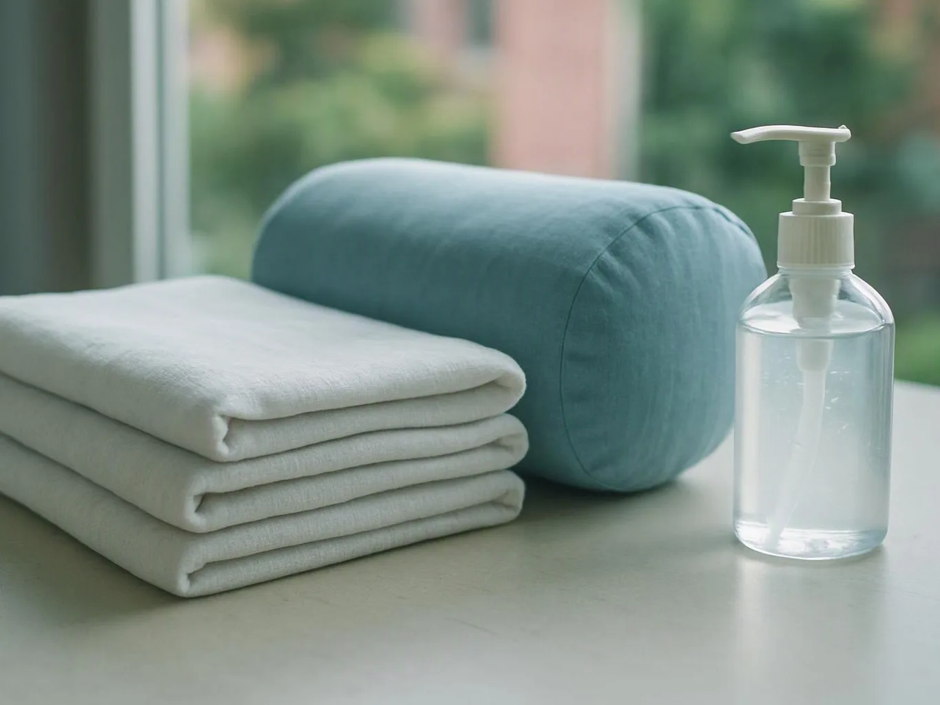 Folded white towels, a blue cylindrical cushion, and a pump bottle sit on a table by a window