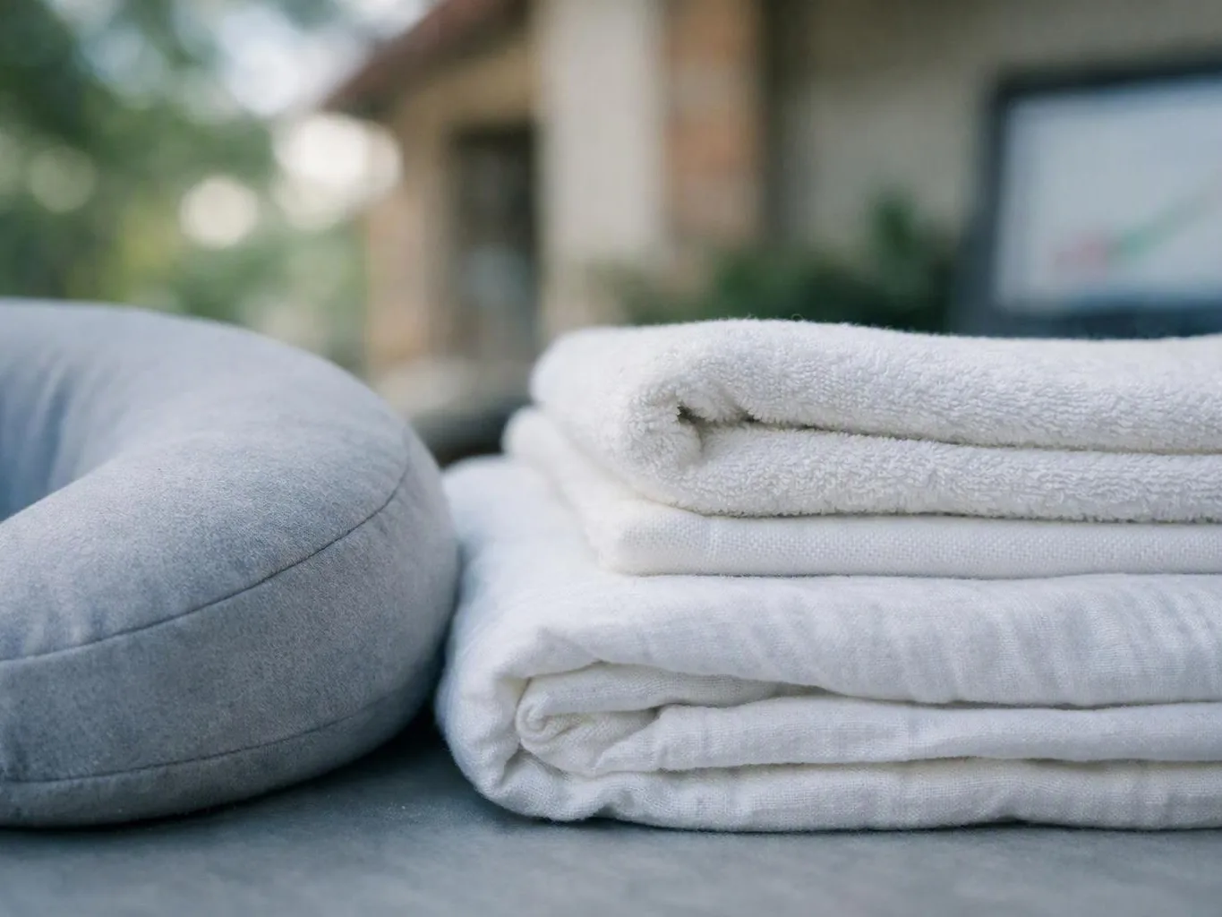 Folded white towels and a gray cushion rest on a table with a blurred house background