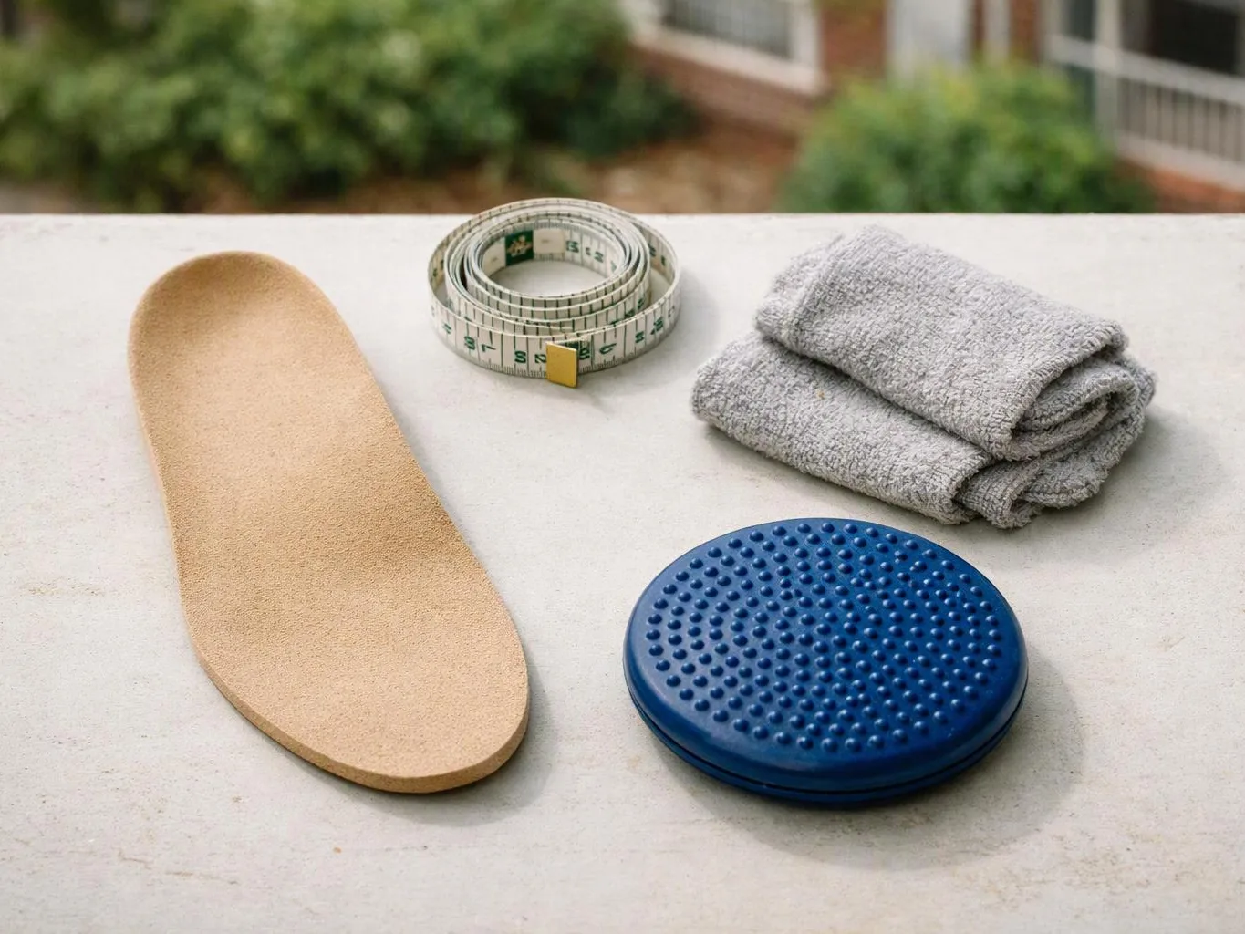 Four workout items sit on a white surface, including a balance board, measuring tape, folded towel, and blue disc