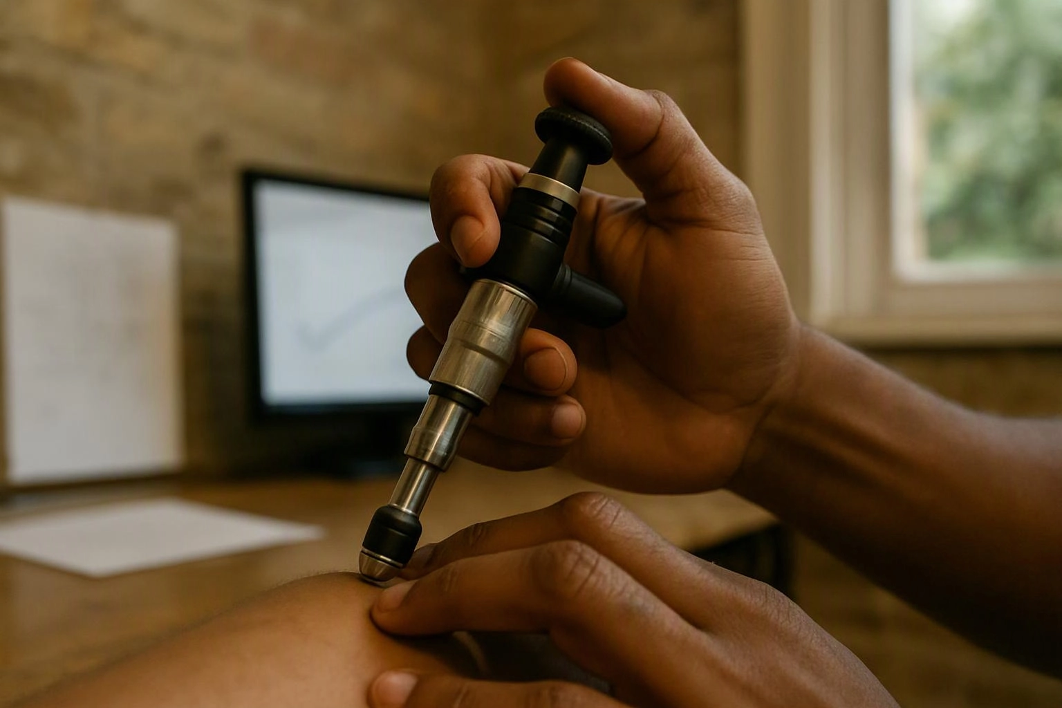 A close-up shows hands using a handheld testing probe on skin in a warm office setting