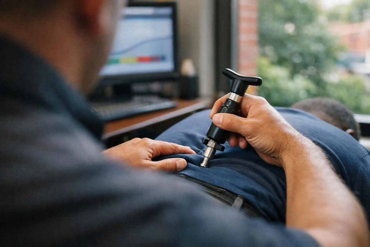 A chiropractor presses a handheld tool into a patient’s lower back beside a desk and computer screen