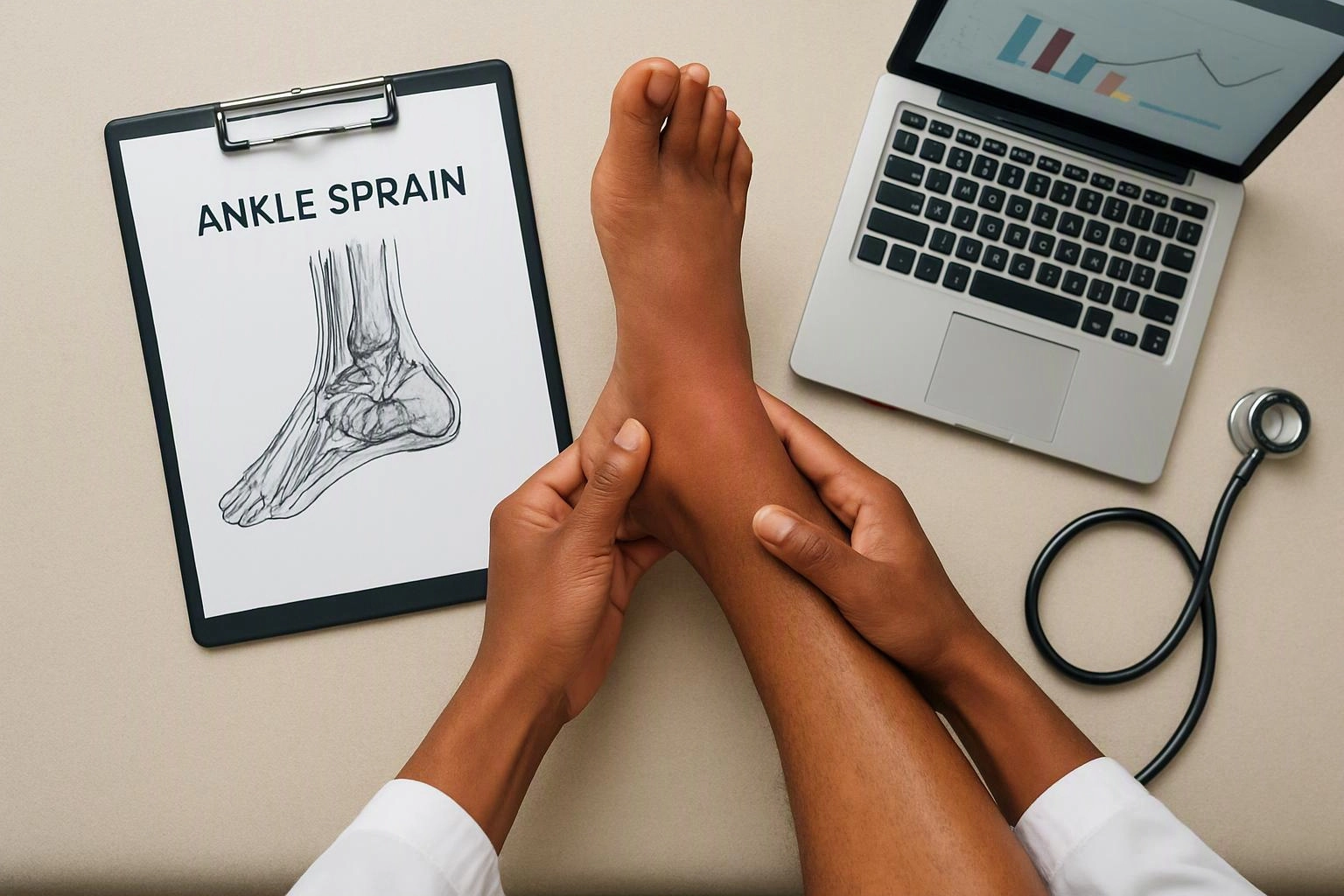 Hands examine an elevated ankle beside a clipboard labeled ankle sprain, a laptop, and a stethoscope