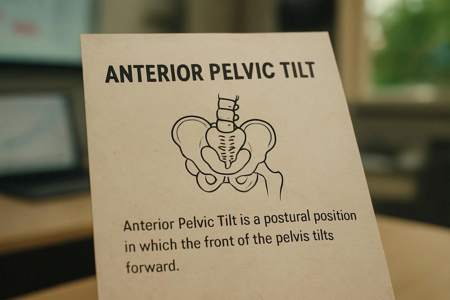 A printed card shows a pelvis diagram and the heading "ANTERIOR PELVIC TILT" on a blurred indoor table
