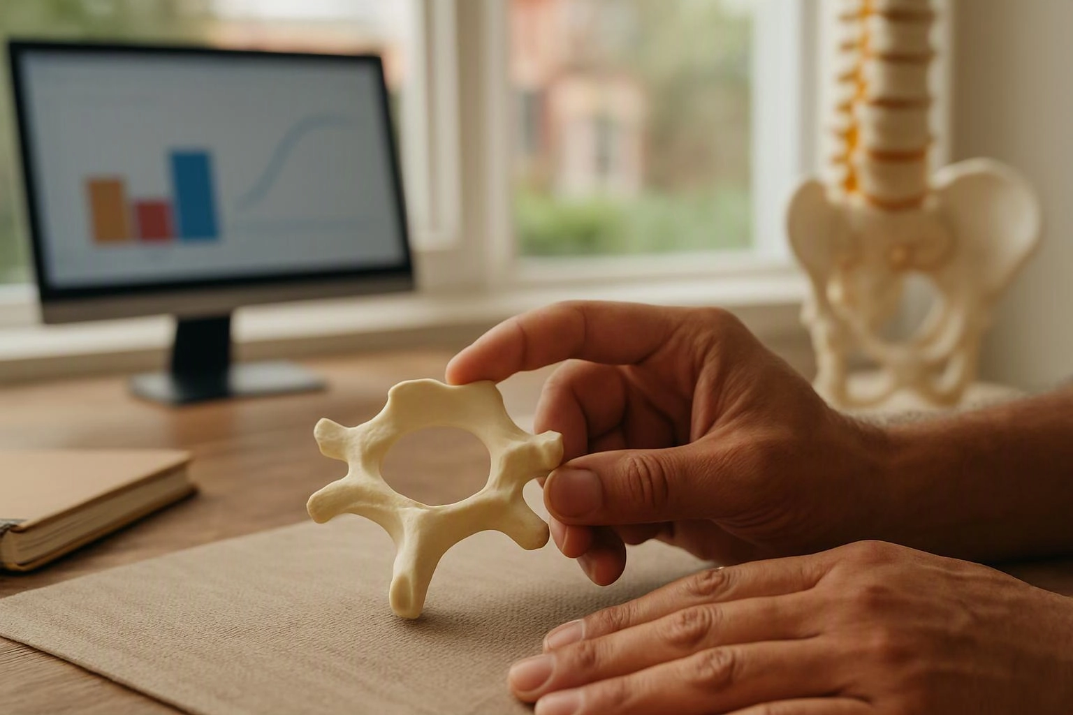 A hand holds a small spine bone model above a desk, with a monitor and larger skeleton model behind it