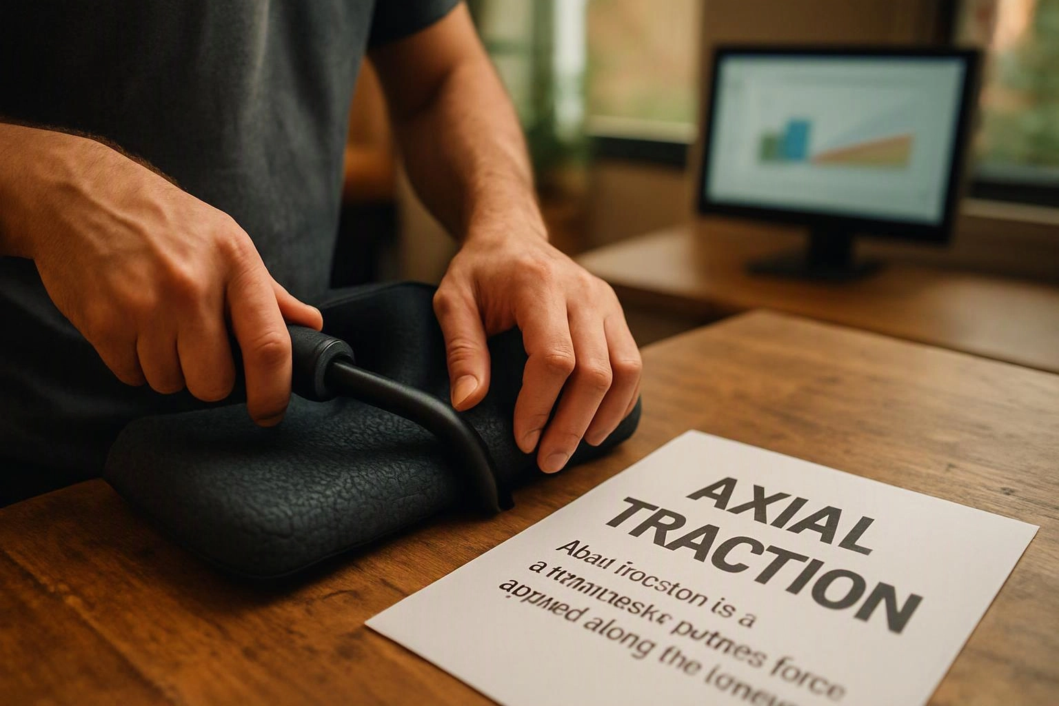 Hands press an aid on a desk beside a paper titled “AXIAL TRACTION” in an office setting