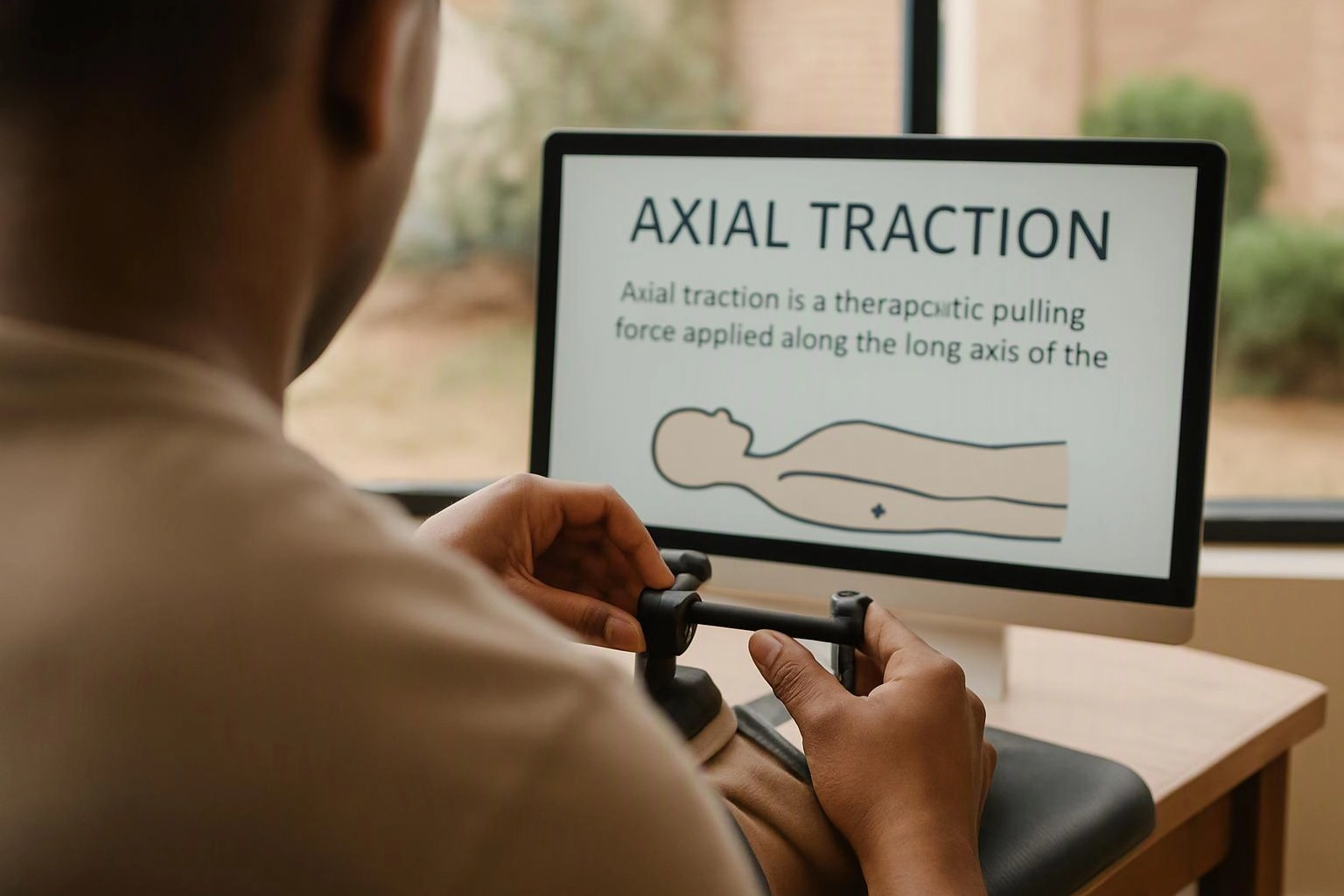 A person holds a traction device while viewing a screen that reads “AXIAL TRACTION” with a simple body diagram