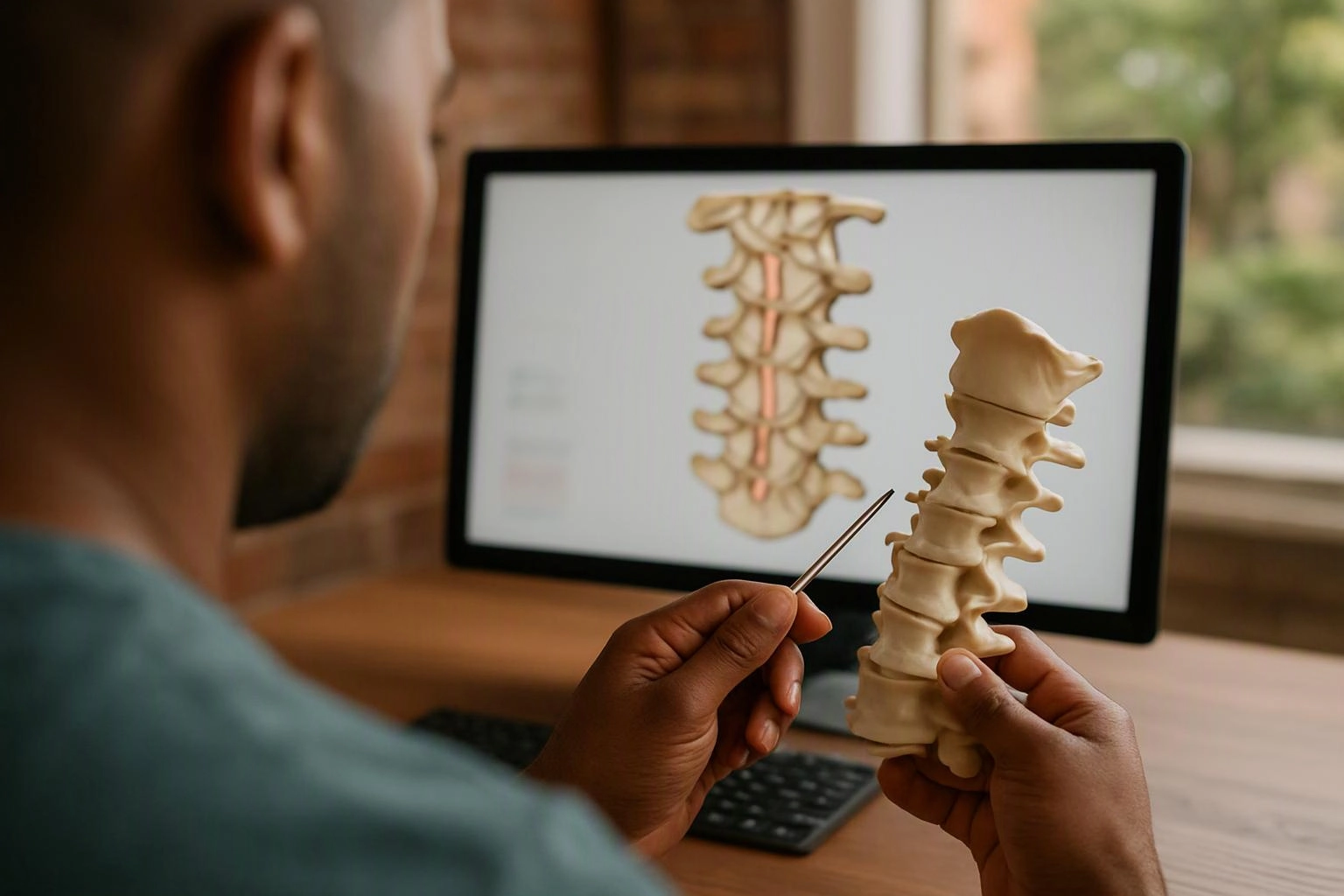 A person studies a spine model beside a computer showing a spine illustration at a desk
