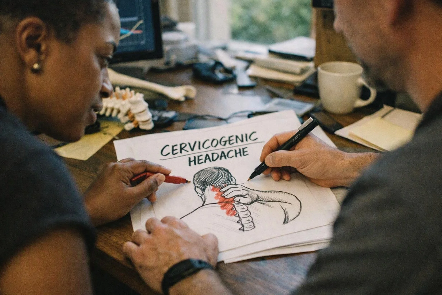 Two people draw a neck pain diagram on paper at a cluttered desk with a computer and mug nearby