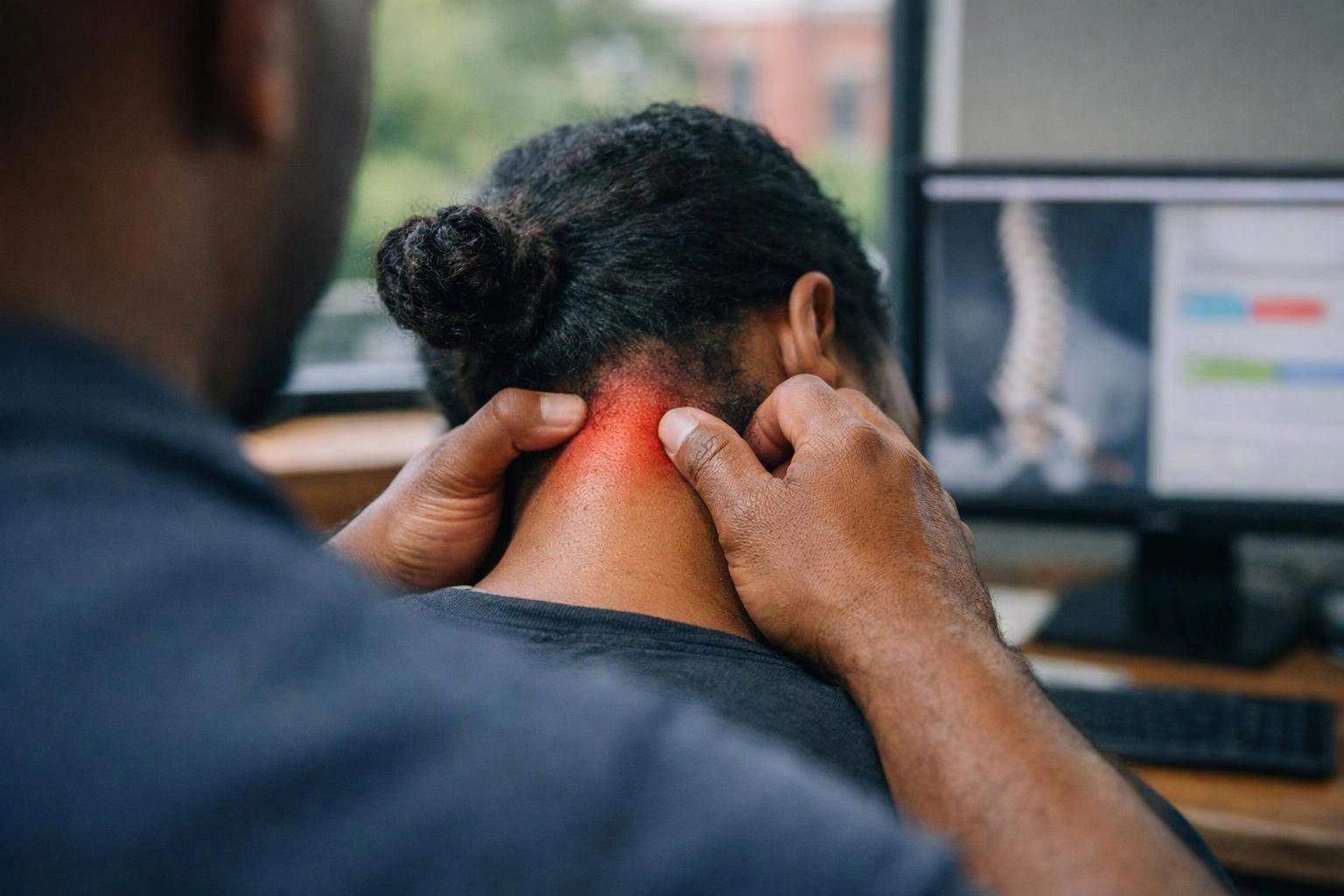 A person massages another person’s neck, with red highlighted pain near the base of the skull in an office setting