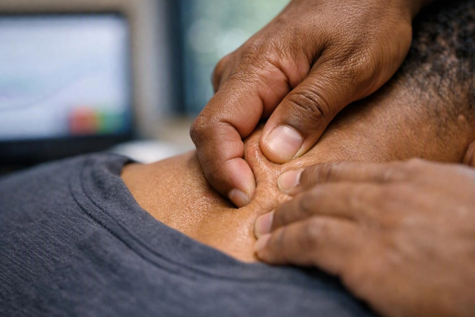 Hands press into a person’s neck during a close-up massage scene indoors