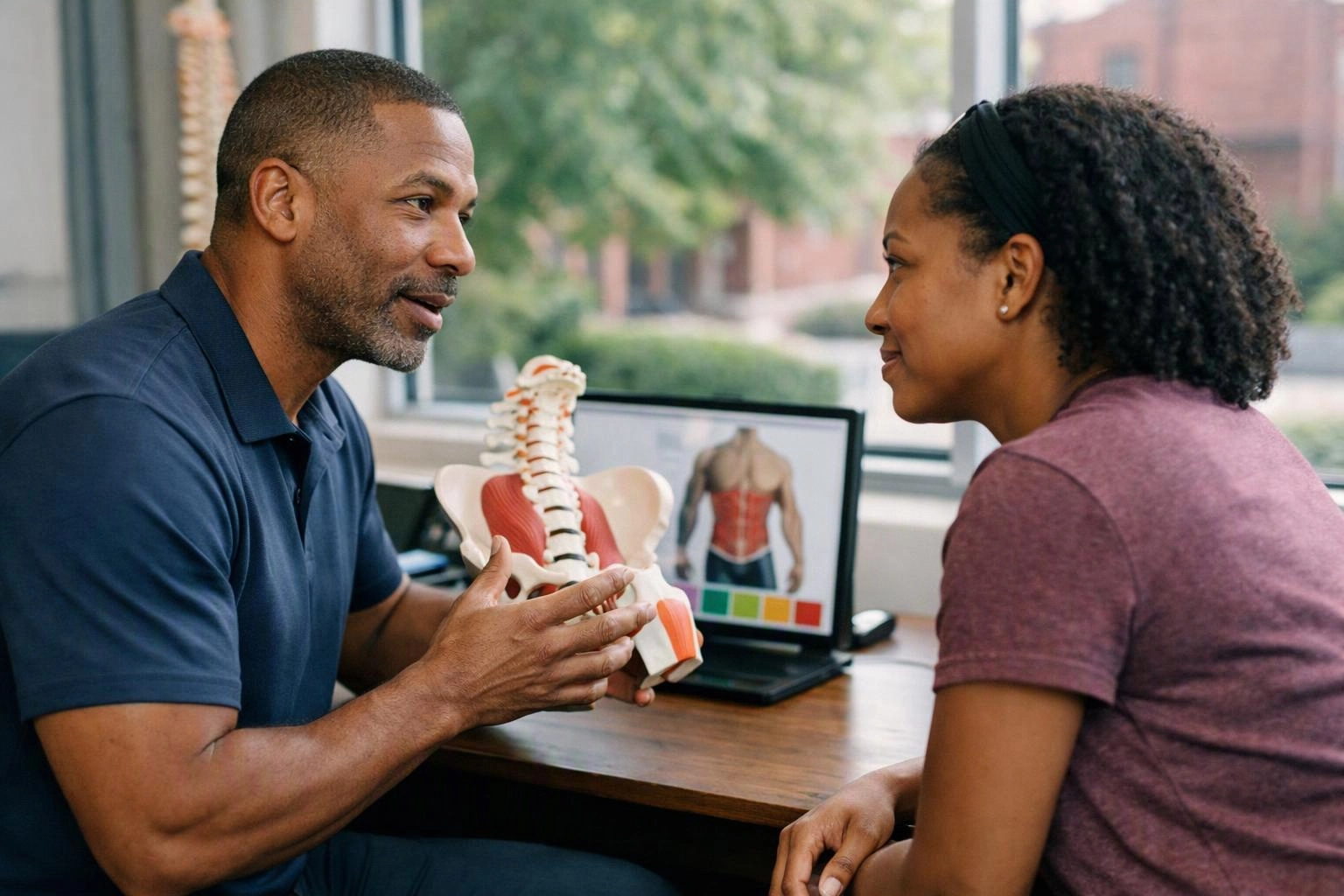 Two people talk at a desk while one holds a spine model and a laptop shows a human back illustration