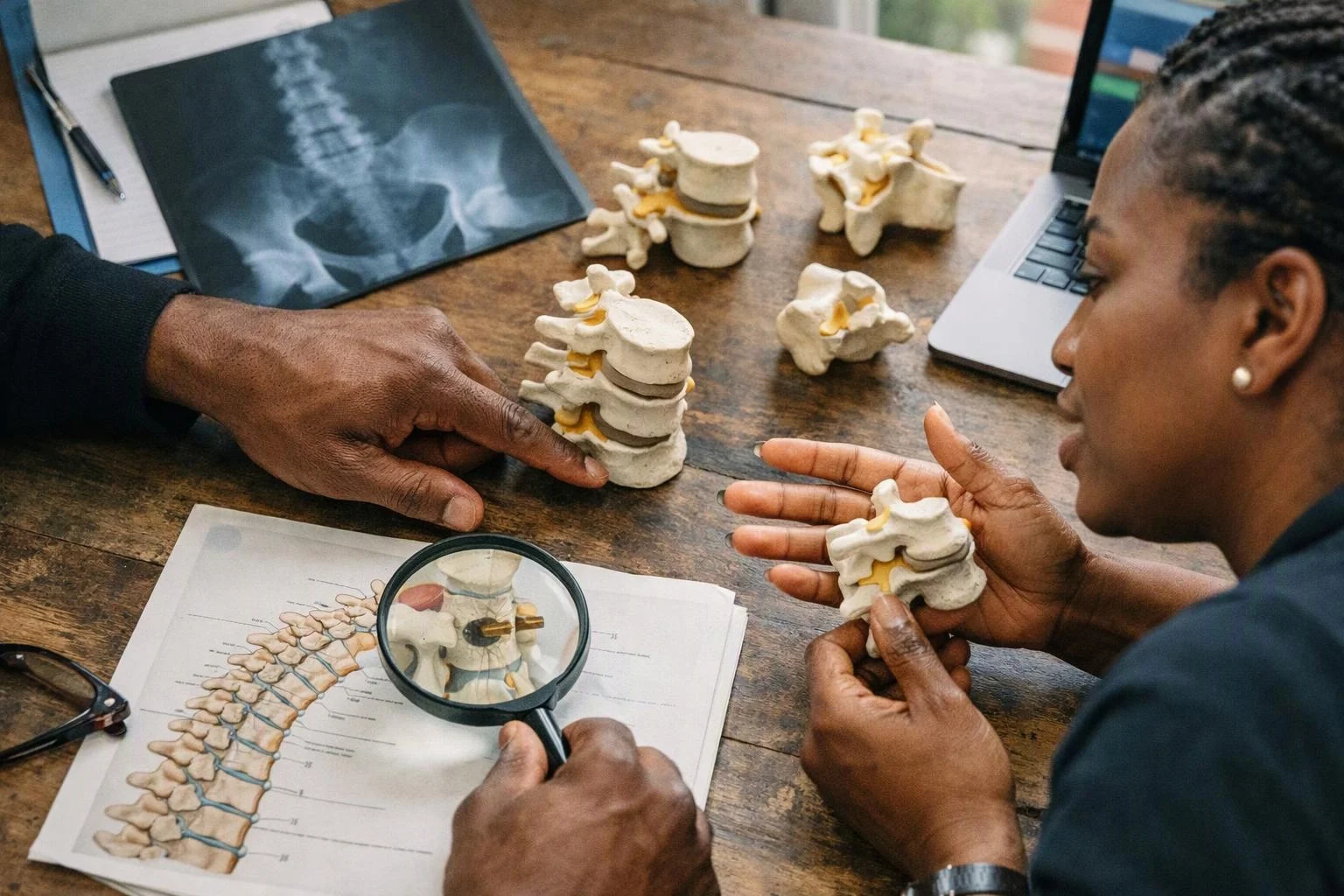 Two people examine spine models and an x-ray at a wooden desk with a laptop and magnifying glass