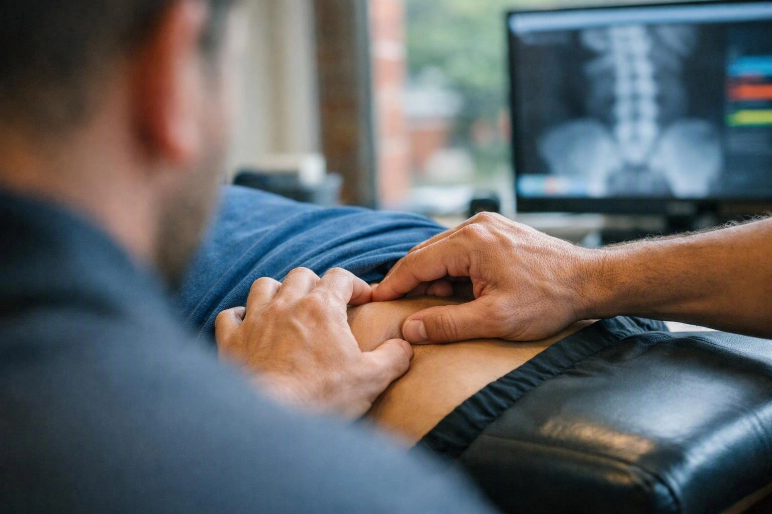 A chiropractor presses a patient’s lower back while a blurred spinal scan shows on a monitor behind them