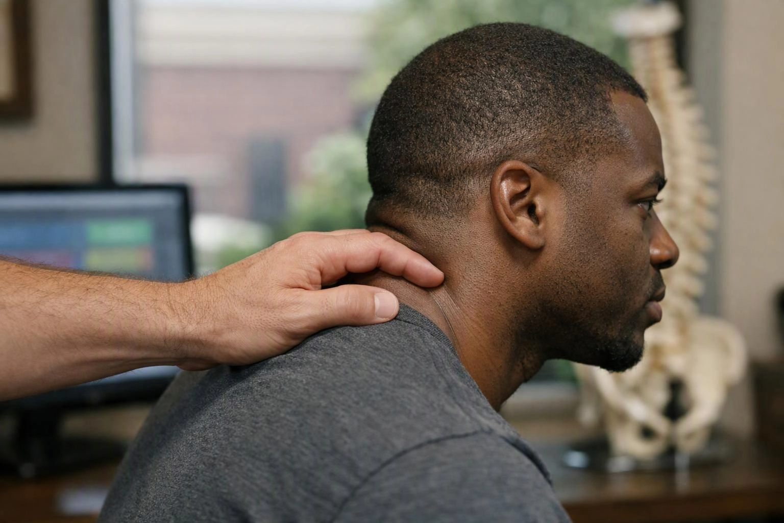 A man sits in profile while another hand presses his neck, with a blurred office and spine model behind him