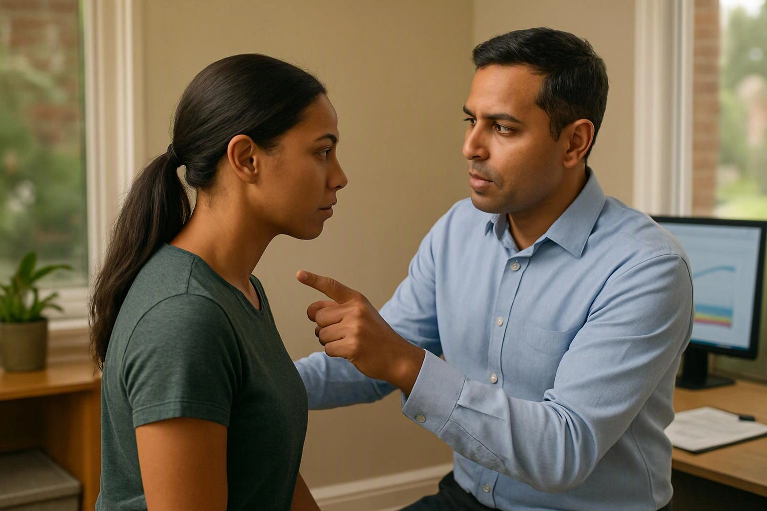 A man in a blue shirt points at a woman standing in an office room with a computer monitor behind them