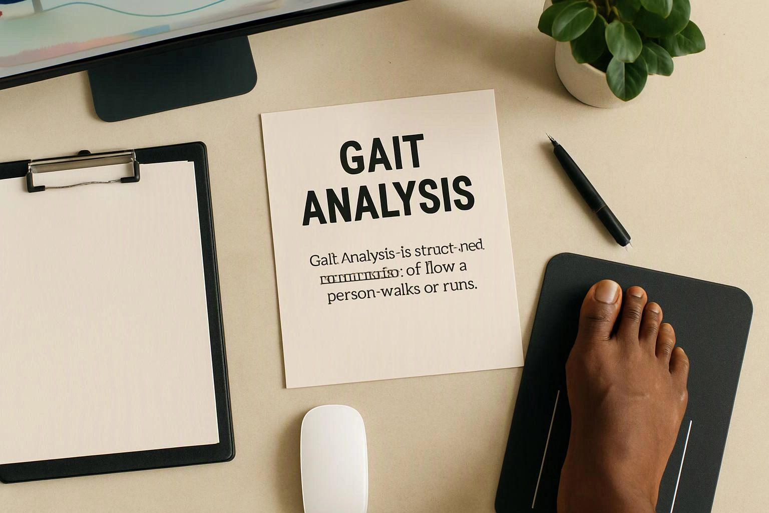 A desk shows a gait analysis sheet, blank clipboard, mouse, pen, plant, and a foot on a black mat