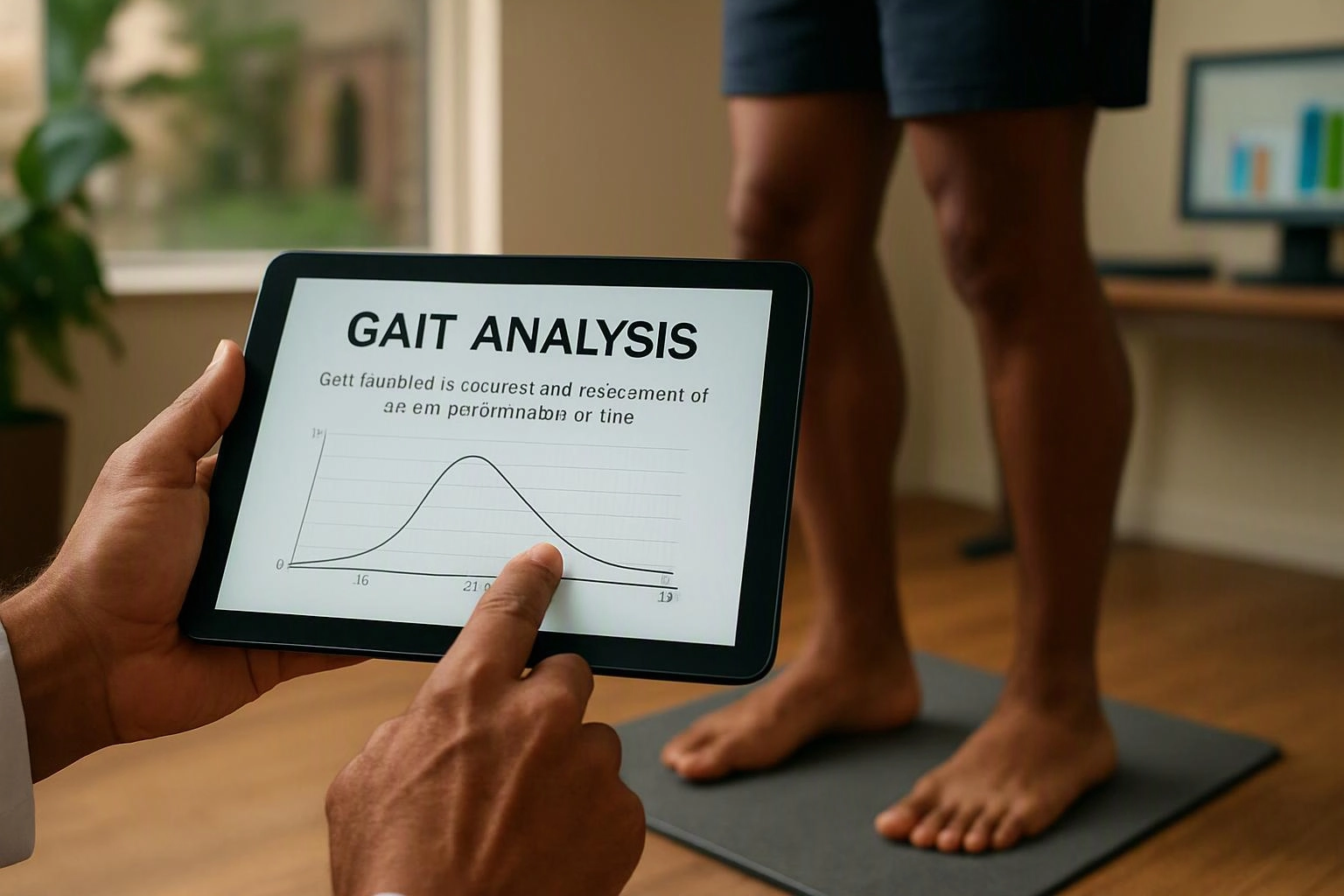 A person holds a tablet showing a gait analysis chart while another stands barefoot on a mat indoors
