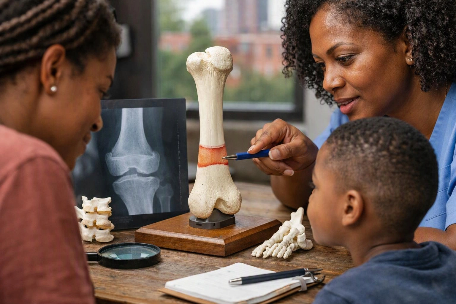 A woman in blue scrubs points at a bone model while teaching two children at a table