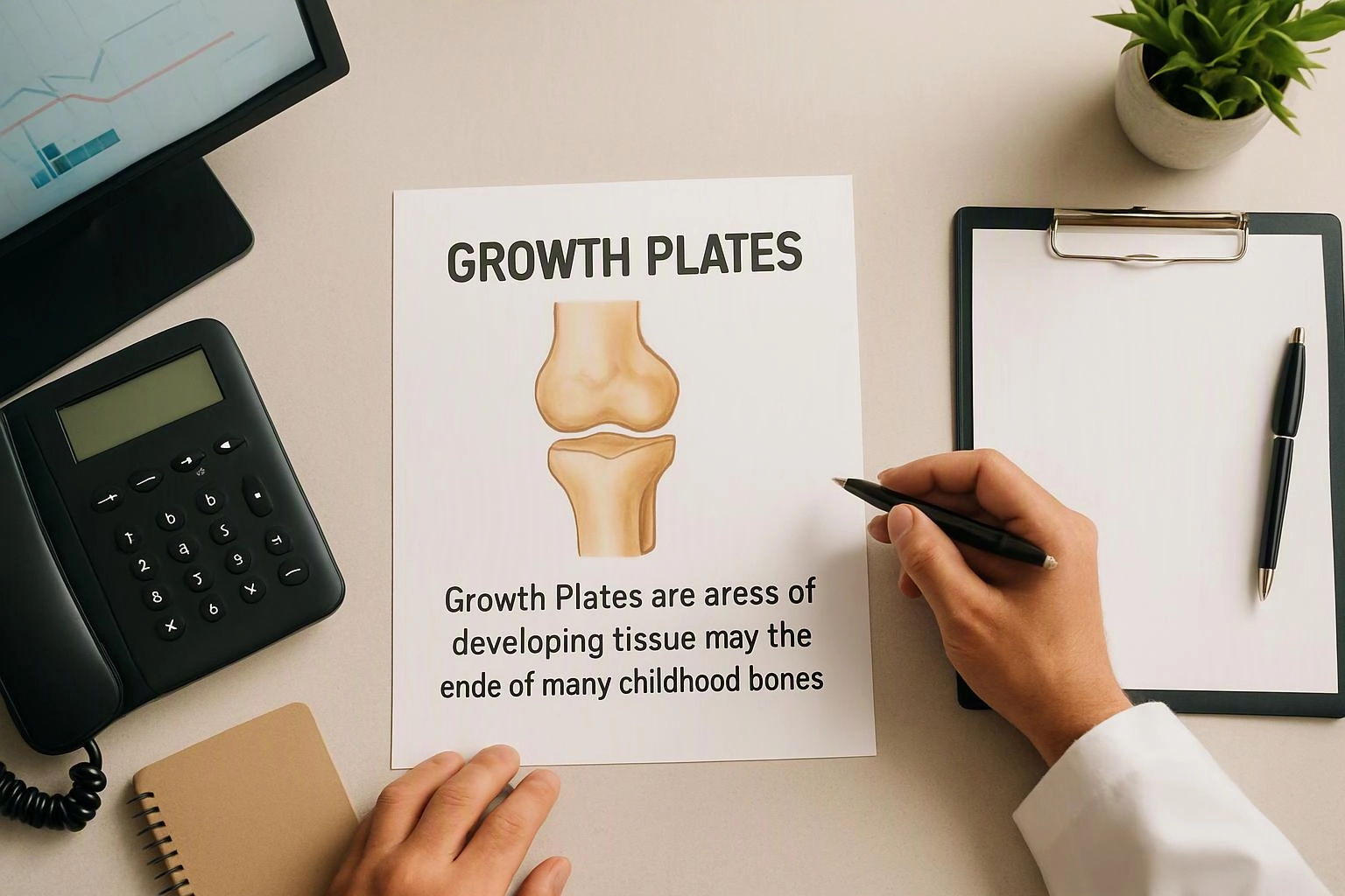 Hands write on a growth plate handout beside a phone, calculator, clipboard, notebook, and plant on a desk